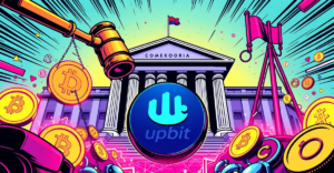 Upbit加密货币交易所标志在复古漫画风格插图中，背景为韩国法院和数字硬币，象征业务暂停令的暂时解除