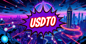 USDT0标志在Optimism的Superchain上闪耀，背景是以太坊二层生态系统的抽象表示