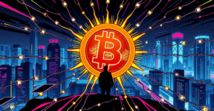 复古漫画风格的比特币封面，中心是发光的比特币符号，周围环绕着代表区块链的数字链条，背景是霓虹灯下的未来城市景观。