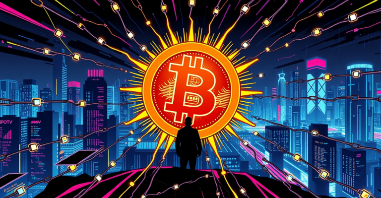 复古漫画风格的比特币封面,中心是发光的比特币符号,周围环绕着代表区块链的数字链条,背景是霓虹灯下的未来城市景观。