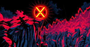 XRP价格站在悬崖边缘，象征市场不确定性，背景中牛市和熊市交易员对峙