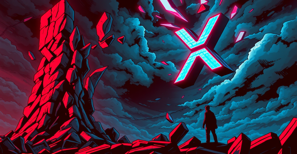 XRP价格下跌趋势的复古漫画风格插图，展示了一个巨大的XRP符号在暴风雨背景下破裂。