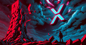 XRP价格下跌趋势的复古漫画风格插图，展示了一个巨大的XRP符号在暴风雨背景下破裂。
