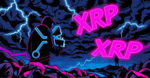 一名交易员站在发光的XRP硬币前，背景是显示Wyckoff积累模式和下降楔形突破的图表，象征着XRP价格的潜在上涨。