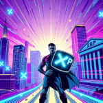 复古漫画风格插图展示XRP作为跨境支付革命性加密货币，背景为未来城市和流动的XRP符号