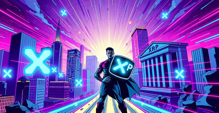 复古漫画风格插图展示XRP作为跨境支付革命性加密货币,背景为未来城市和流动的XRP符号