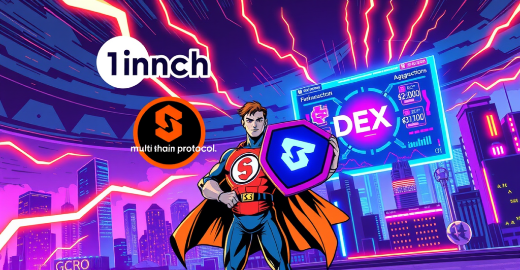 1inch和Solana DEX聚合器的复古漫画风格封面，展示多链DeFi生态系统的未来愿景