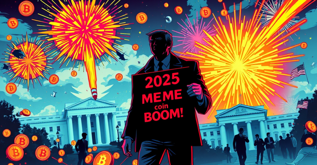 2025年模因币狂潮的复古漫画封面，展示政治人物和爆炸的模因币