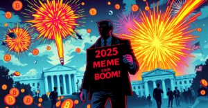 2025年模因币狂潮的复古漫画封面，展示政治人物和爆炸的模因币