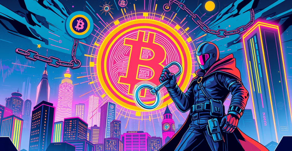 复古漫画风格封面展示比特币去中心化金融（BTCFi）的革命性进展，中心是发光的比特币符号，周围环绕着DeFi元素。