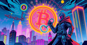 复古漫画风格封面展示比特币去中心化金融（BTCFi）的革命性进展，中心是发光的比特币符号，周围环绕着DeFi元素。