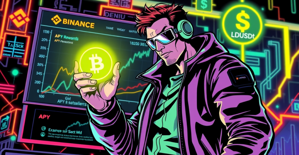 一名交易员手持发光的LDUSDt代币，站在显示APY奖励的Binance交易所界面前