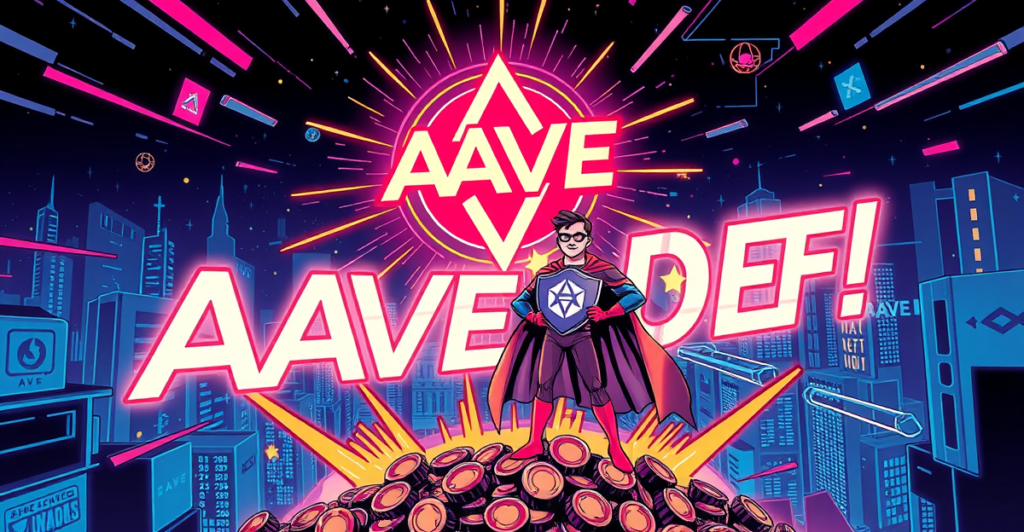 AAVE代币回购计划的复古漫画风格封面，展示AAVE标志和DeFi交易象征