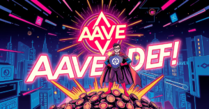 AAVE代币回购计划的复古漫画风格封面，展示AAVE标志和DeFi交易象征
