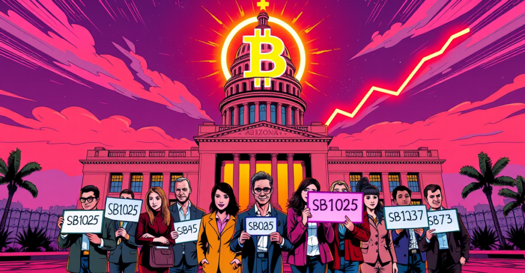 亚利桑那州议会大厦前，巨大的比特币标志在霓虹灯下闪耀，象征比特币储备法案的通过。