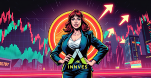 Cathie Wood站在巨大的比特币标志前，背景是波动的股市图表，象征ARK Invest比特币ETF的策略调整