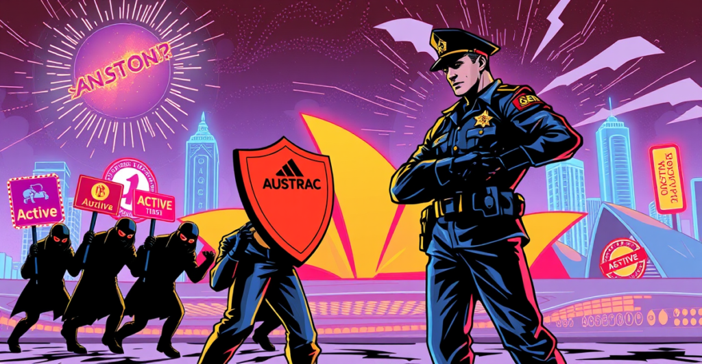 AUSTRAC官员与休眠加密货币交易所的象征性对抗，背景是霓虹灯照亮的未来澳大利亚城市景观