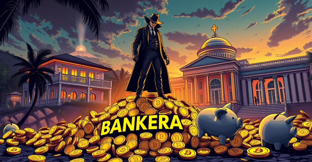 复古漫画风格插图展示Bankera ICO欺诈，创始人挪用资金购置豪华房产