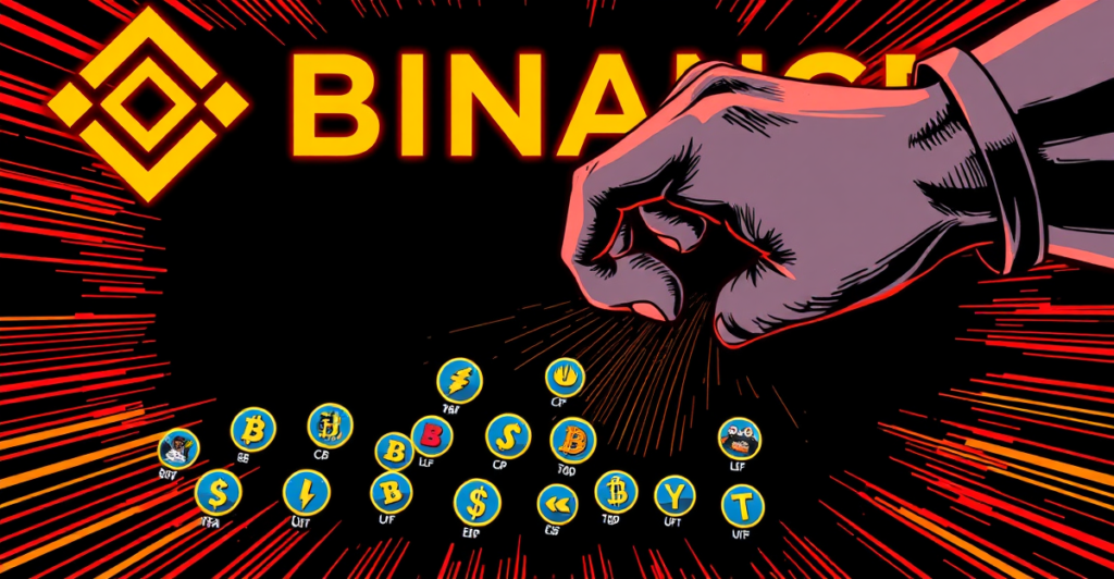 Binance宣布下架14种代币的复古漫画风格插图，背景是Binance标志，前景是正在被移除的代币符号。