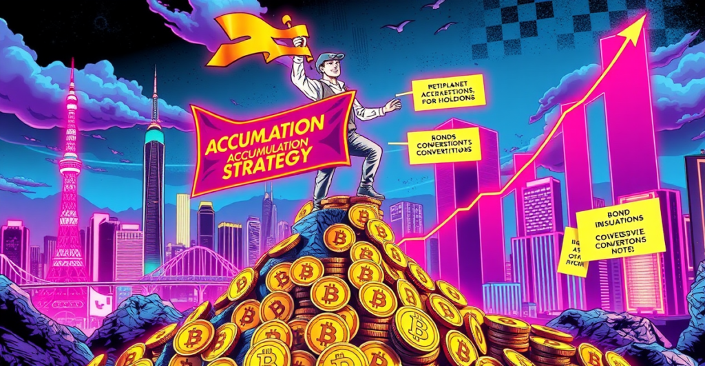 亚洲投资者站在比特币金币堆上，背景是东京和香港的天际线，象征比特币积累策略的成功