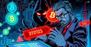 警惕比特币地址投毒攻击：一名交易员在检查比特币地址，背景是黑客和闪烁的警告信号