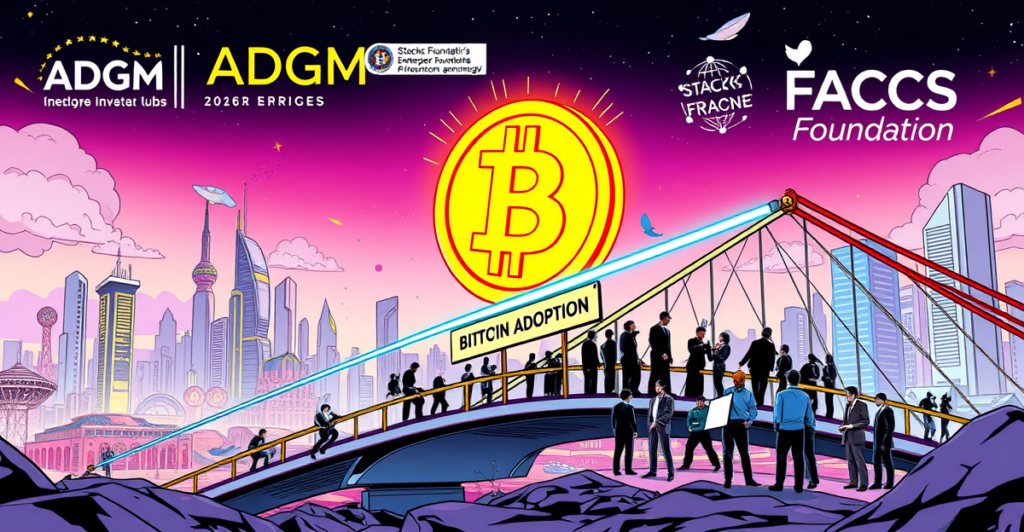 复古漫画风格插图展示中东城市与比特币符号，象征Stacks基金会推动的比特币采用