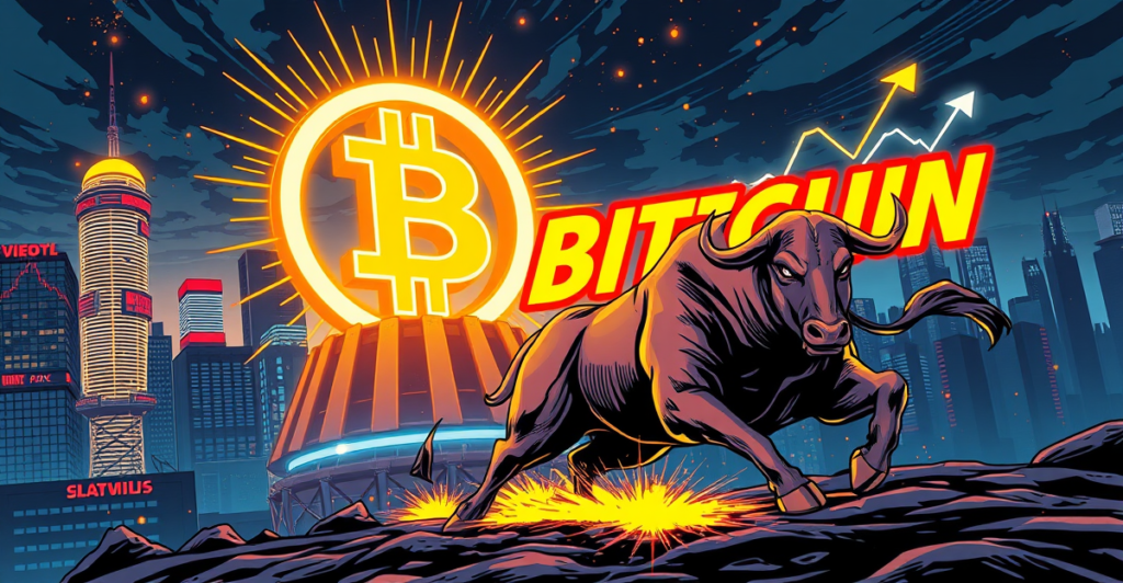 复古漫画风格插画展示比特币符号在霓虹城市背景下发光,象征牛市信号