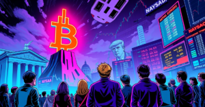唐纳德·特朗普与比特币符号的对抗，象征传统经济政策与比特币独特经济属性的冲突
