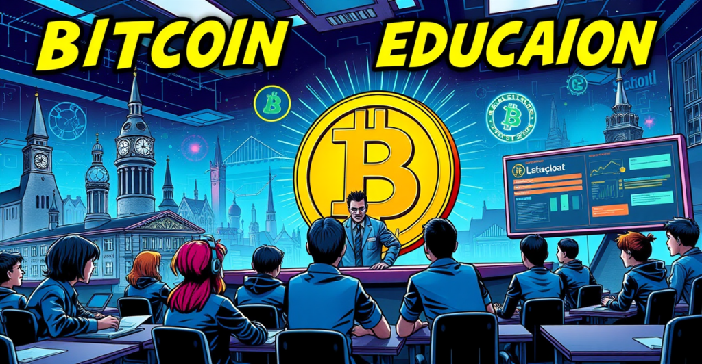 TJ Miller站在巨大的比特币标志前，背景是学习比特币的人群和未来城市景观