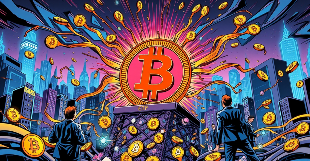 复古漫画风格封面展示比特币ETF作为资本流动新趋势的中心