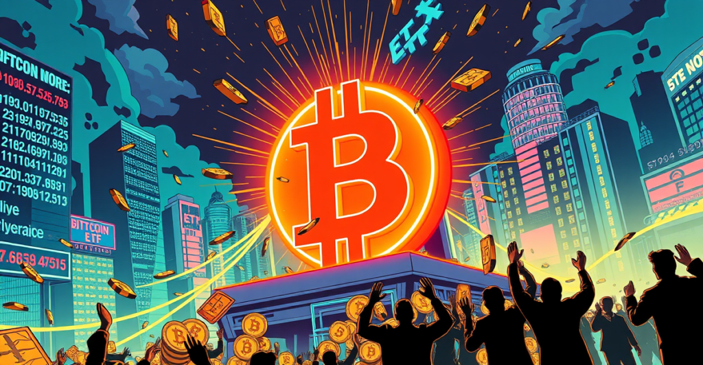 复古漫画风格封面展示比特币ETF符号，周围环绕着流入的数字货币，背景是未来城市和上涨的股市行情。
