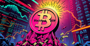 BlackRock的比特币ETF投资壮观场景，比特币符号与资金流动的复古漫画风格插图