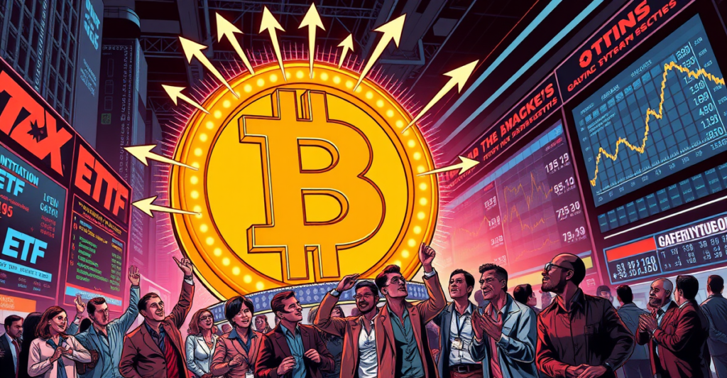 复古漫画风格展示比特币ETF高流入量，背景为繁忙的数字股市