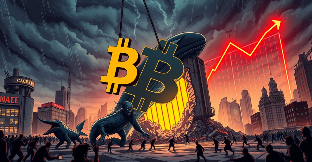 复古漫画风格插图展示巨鲸从交易所拖走比特币符号，背景是下跌的趋势图，象征交易所流出量创新低