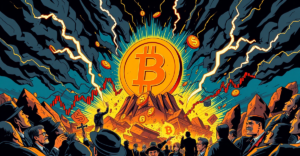 比特币符号在金融风暴中屹立不倒，象征其作为对冲金融不稳定工具的力量