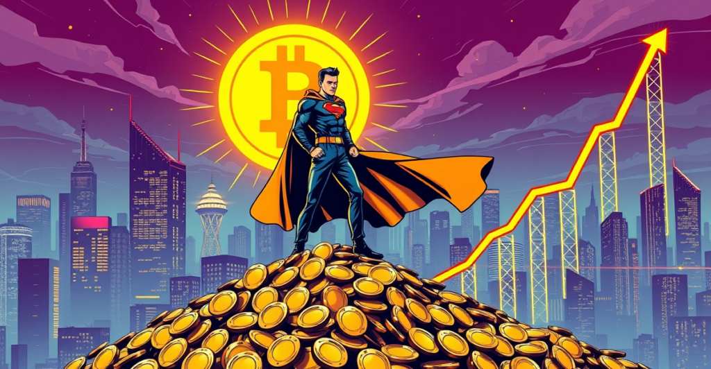 一位比特币持有者站在金币山上，背景是未来城市和上涨的价格趋势图
