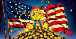 比特币持有者站在金币堆上，背景是美国国旗撕裂露出错误的经济数据图表，象征从经济数据缺陷中获利
