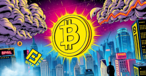 比特币流入Binance激增，背景是霓虹城市和象征特朗普关税政策的乌云