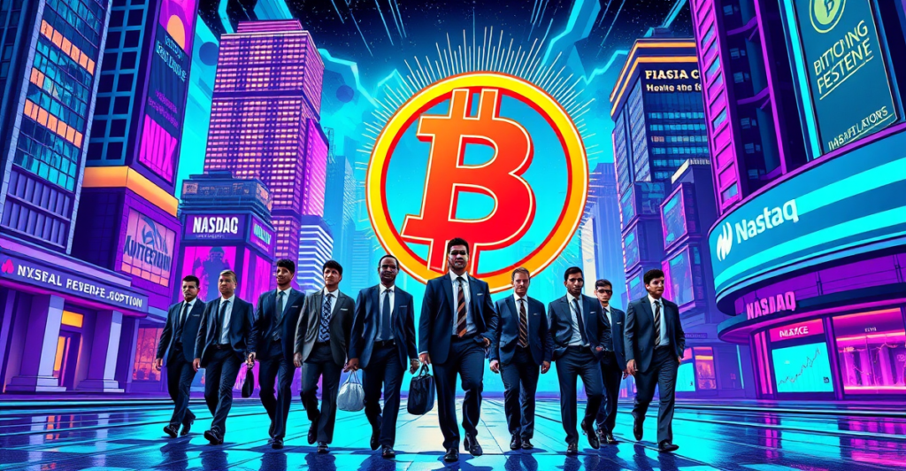 一群银行家和金融分析师走向发光的比特币标志，象征着2025年比特币的机构采用