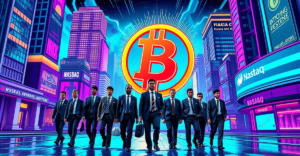 一群银行家和金融分析师走向发光的比特币标志，象征着2025年比特币的机构采用