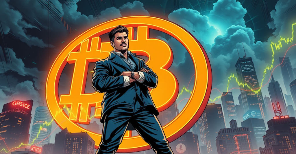 复古漫画风格插图展示新旧比特币投资者的象征性对决，背景为霓虹城市和上升的市场趋势图