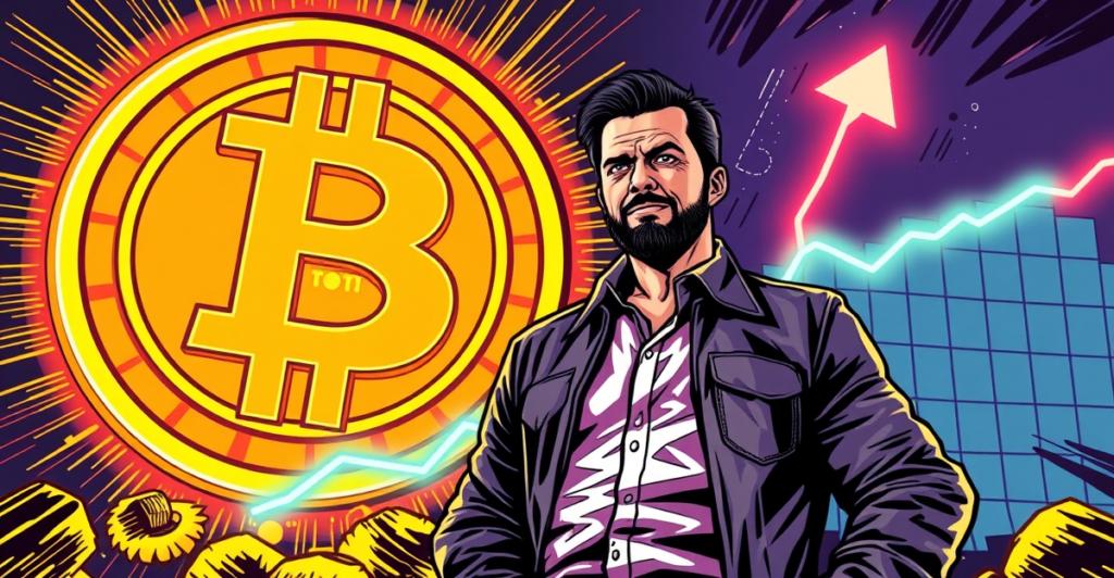 复古漫画风格封面展示由比特币符号构成的巨鲸在数字金币海洋中游动，背景是未来城市和霓虹灯标志，象征鲸鱼和大型机构对比特币的积极积累。