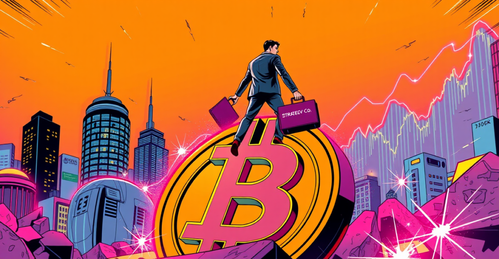 英雄人物站在巨大的比特币符号上，背景是未来城市天际线和上涨的股市图表，象征比特币投资策略的成功。