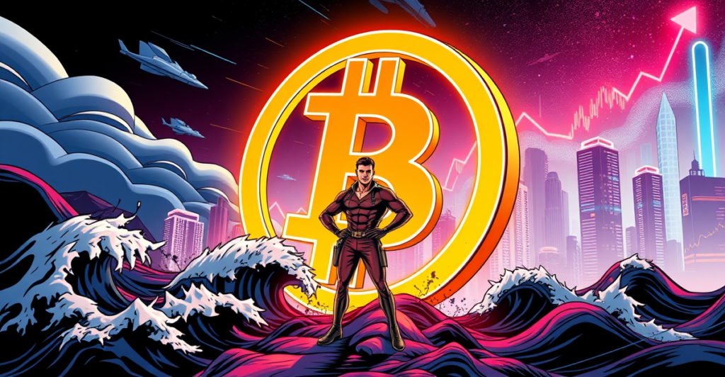 Blockstream CEO Adam Back站在巨大的比特币符号前，背景是未来城市和上涨的市场趋势图，象征比特币市场的长期增长潜力
