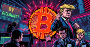 比特币市场压力：特朗普关税政策下的比特币符号破裂，交易者在霓虹灯下行动