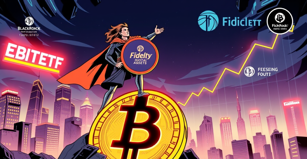 英雄人物站在巨大的比特币符号上，背景是未来城市景观，象征比特币中期前景的乐观态度