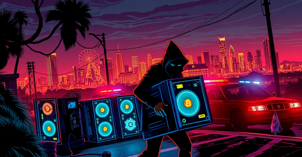 复古漫画风格描绘比特币矿机盗窃案，两名罪犯在洛杉矶夜空下偷走发光的矿机，背景有警车追赶。