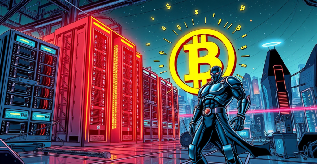 2025年比特币挖矿公司：高科技矿场与比特币符号的复古漫画风格插图