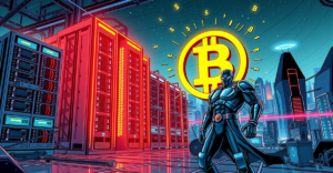 2025年比特币挖矿公司：高科技矿场与比特币符号的复古漫画风格插图