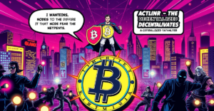 一位英雄人物站在巨大的比特币符号上，周围是发光的节点网络，背景是未来城市景观，象征着比特币节点激励的重要性。